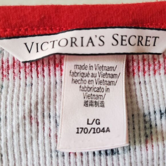 Victorias Secret Red Plaid Striped Waffle Knit T-shirt V Neck Size Large Cozy - Picture 8 of 10